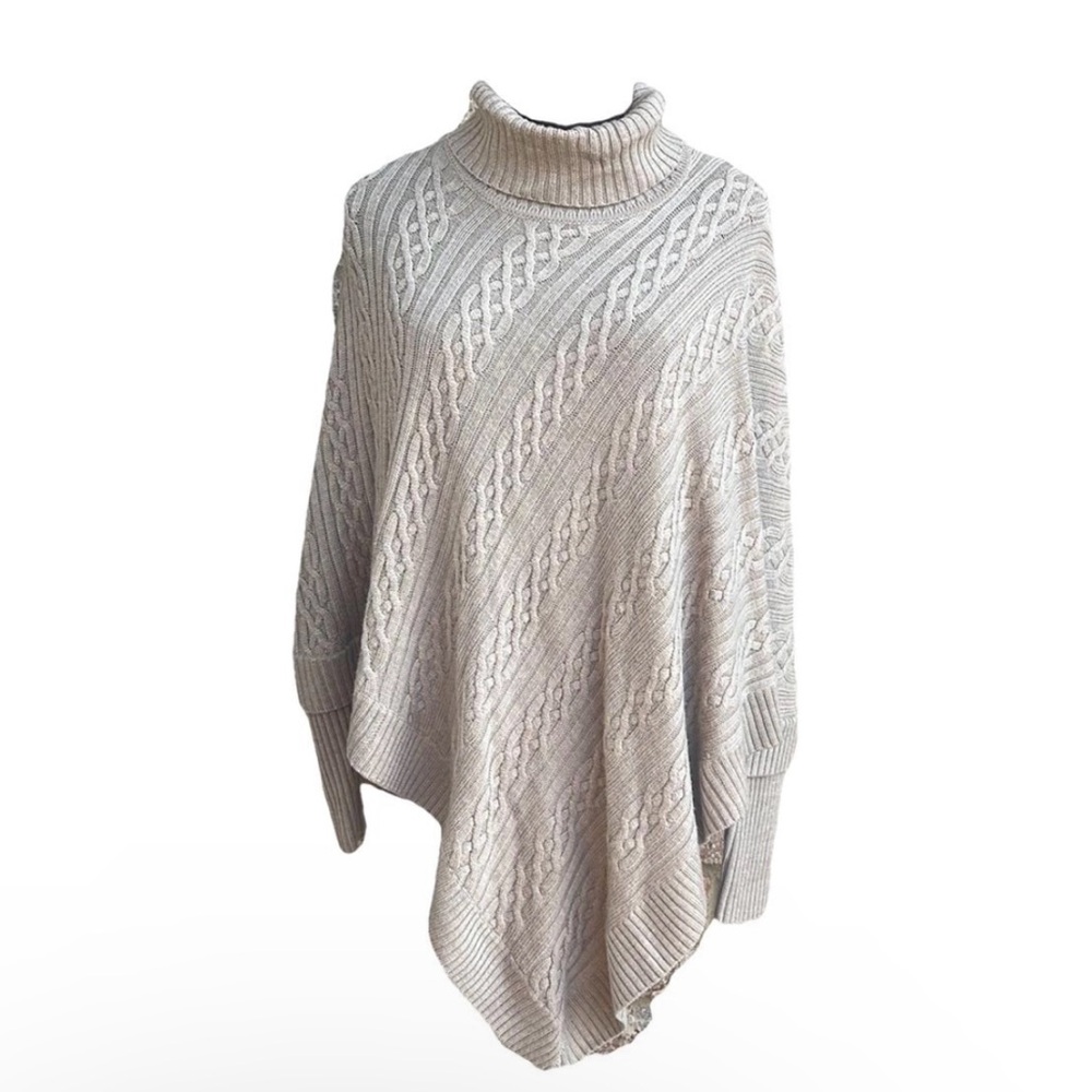 Worth NewYork Poncho Turtleneck Cape Ribbed Knit Biege Sweater With Sleeves Smal